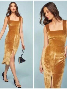 Reformation 'Emira' velvet midi dress, gold, 4